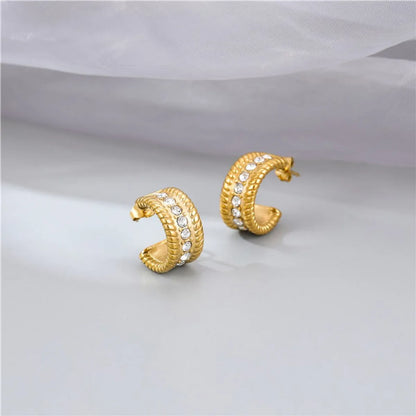 1 Pair Vintage Style Simple Style C Shape Plating Inlay Stainless Steel Rhinestones Gold Plated Ear Studs