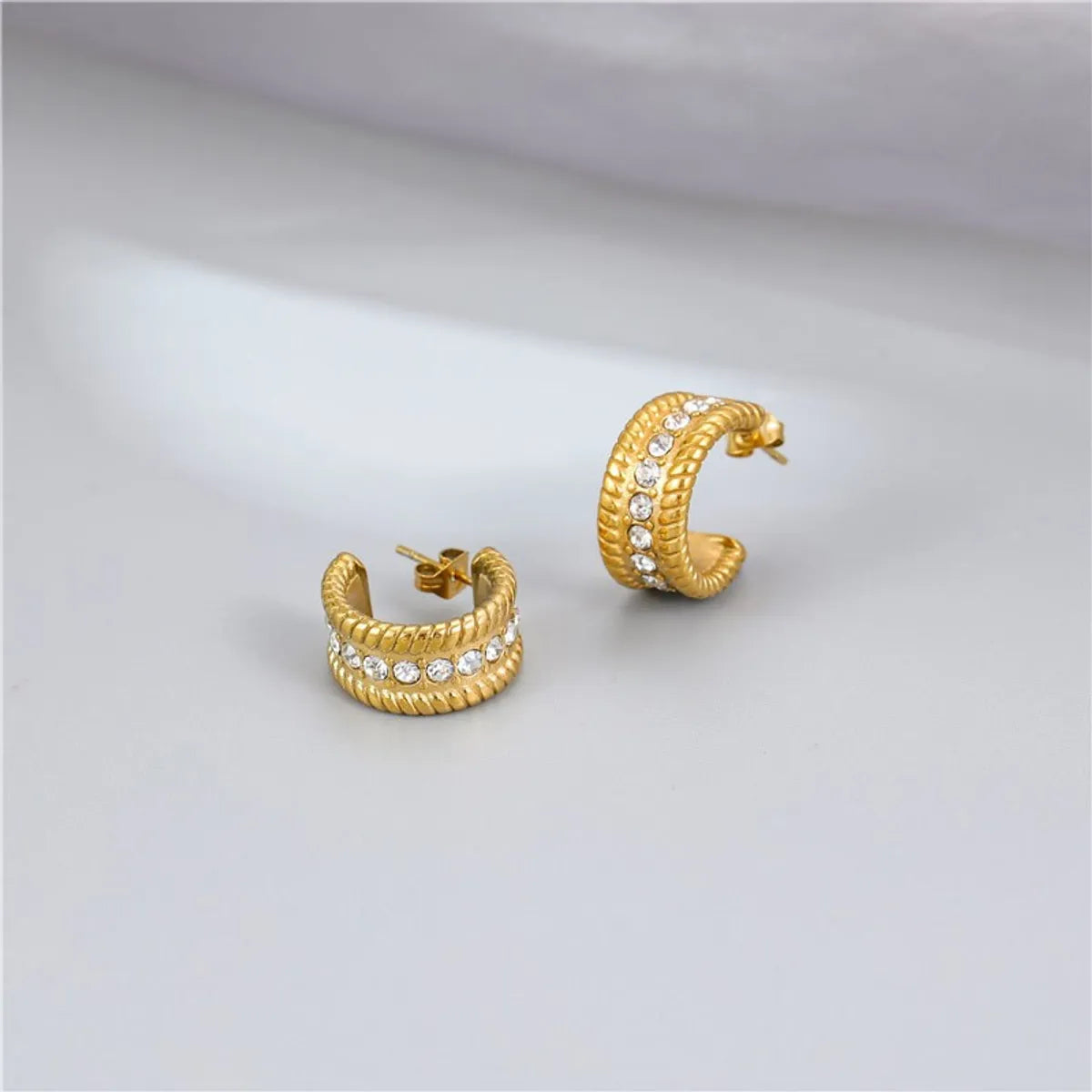 1 Pair Vintage Style Simple Style C Shape Plating Inlay Stainless Steel Rhinestones Gold Plated Ear Studs