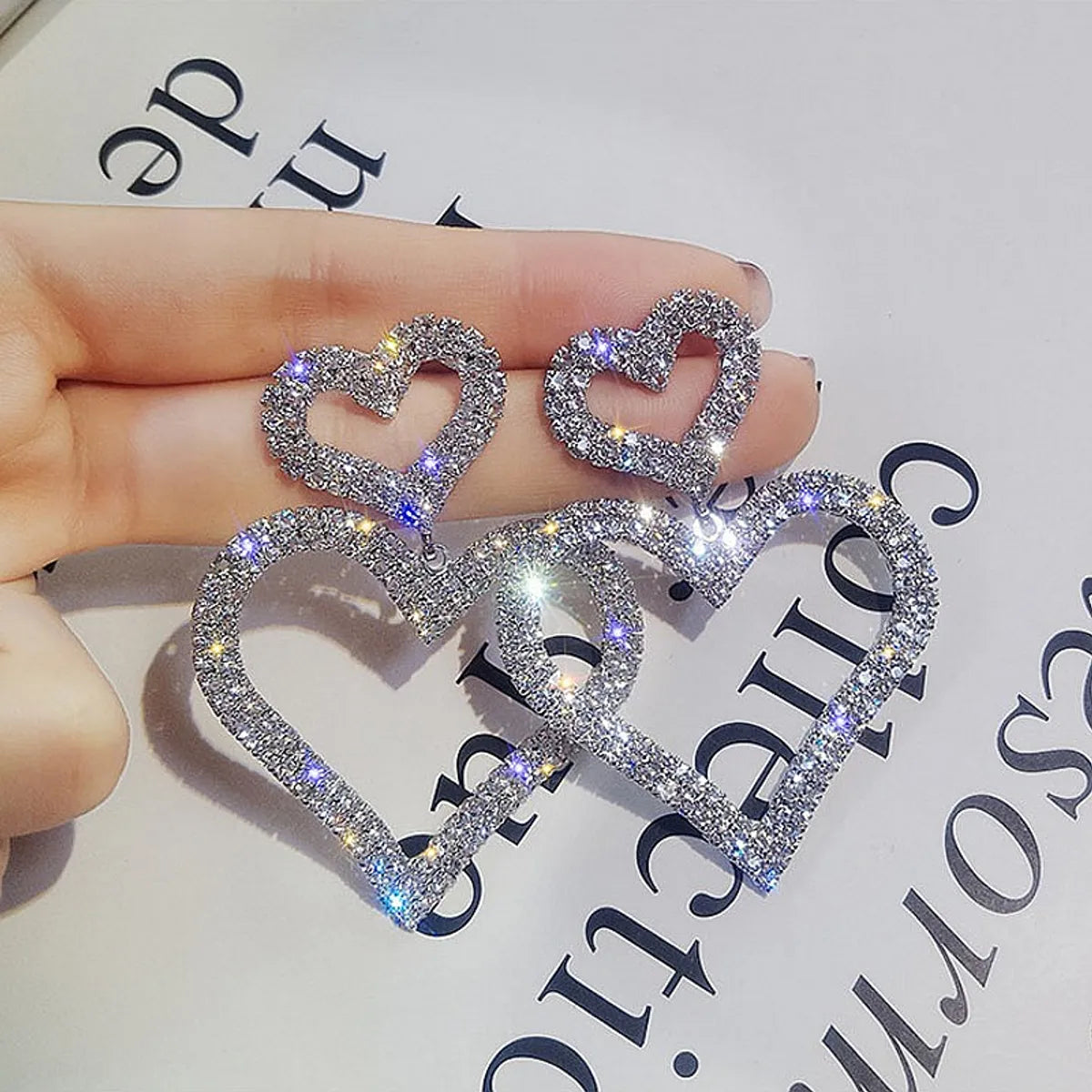 European And American Fashion Exaggerated Diamond S925 Silver Needle Double Love Earrings Temperament Wild Long Peach Heart Earrings Earrings