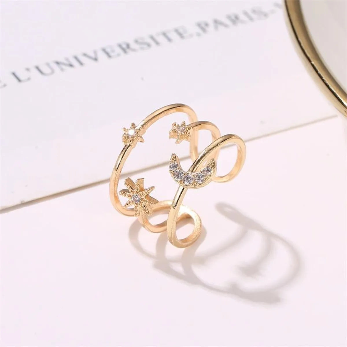 European And American Fashion Ladies Ring Three-layer Hollow Star Moon Ring Personalized Diamond Pentagram Opening Ring