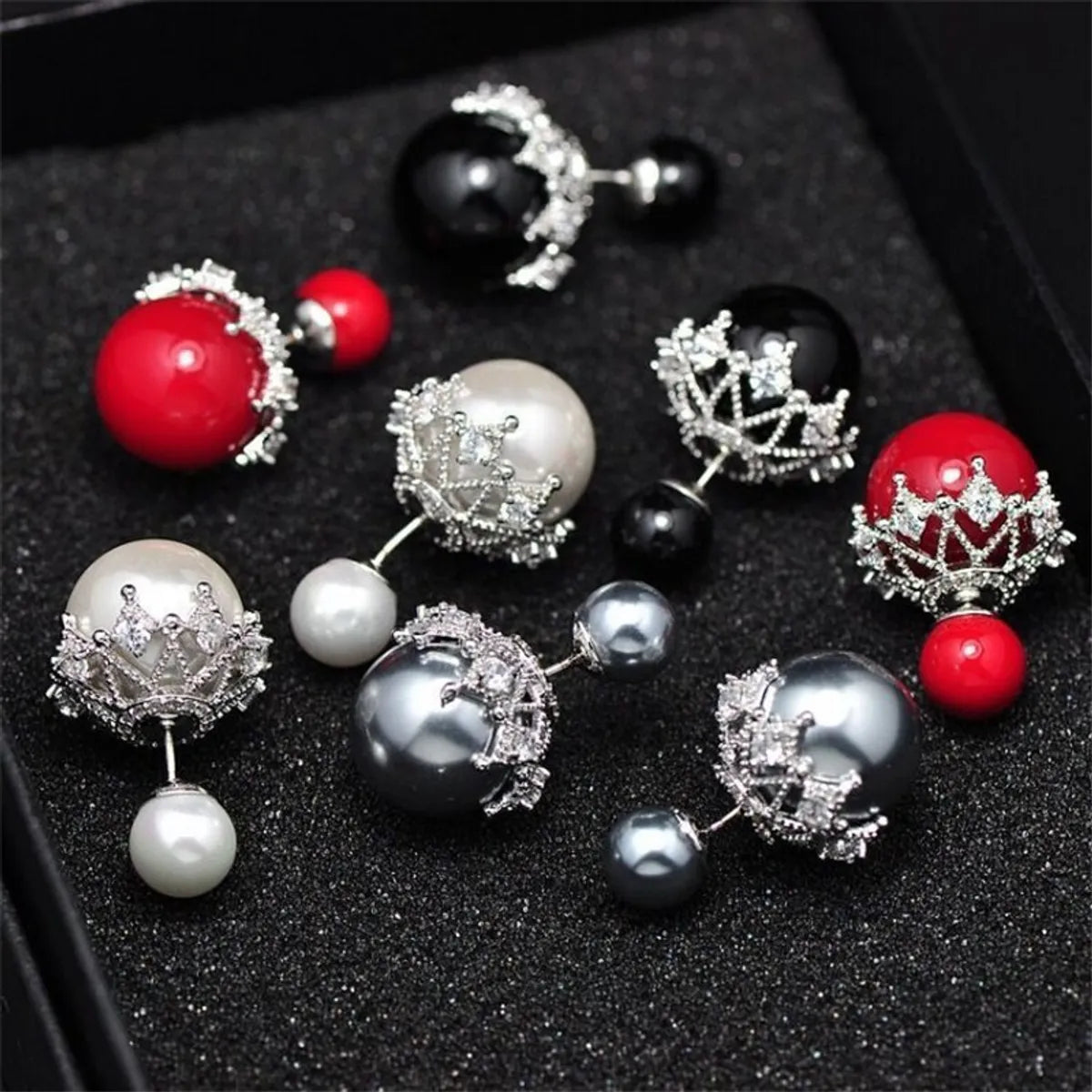 European And American Fashion Lady Temperament Simple Big And Small Balls Two Sides 4-color Pearl Lace Hollow Zircon Stud Earrings