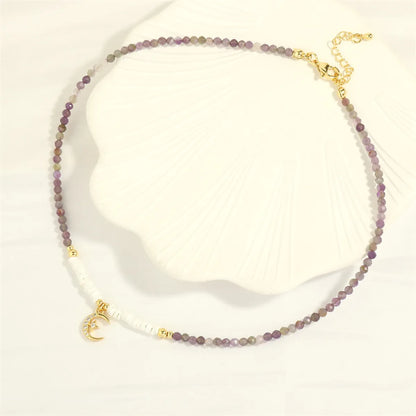 European And American Fashion Short Amethyst Beaded Necklace Women's Creative Inlaid Micro Zircon Moon Clavicle Chain Necklace