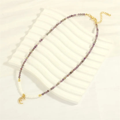 European And American Fashion Short Amethyst Beaded Necklace Women's Creative Inlaid Micro Zircon Moon Clavicle Chain Necklace