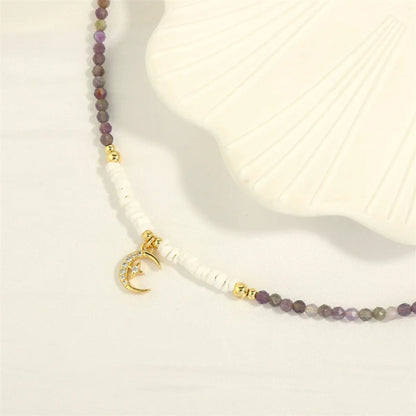 European And American Fashion Short Amethyst Beaded Necklace Women's Creative Inlaid Micro Zircon Moon Clavicle Chain Necklace