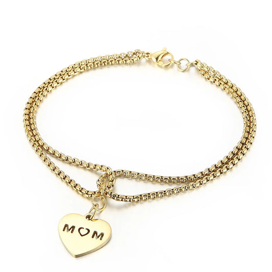 European And American Fashion Stainless Steel Double Pearl Chain Letter Mom Heart Bracelet