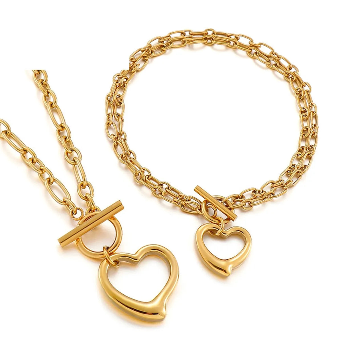 European And American Fashion Stainless Steel Ot Buckle Heart Pendant Bracelet Necklace Set