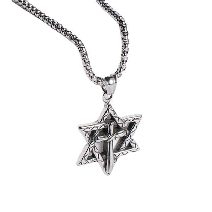 Aml European And American Fashion Titanium Steel Hexagram Necklace Vintage Cross Casting Pendant Ornament