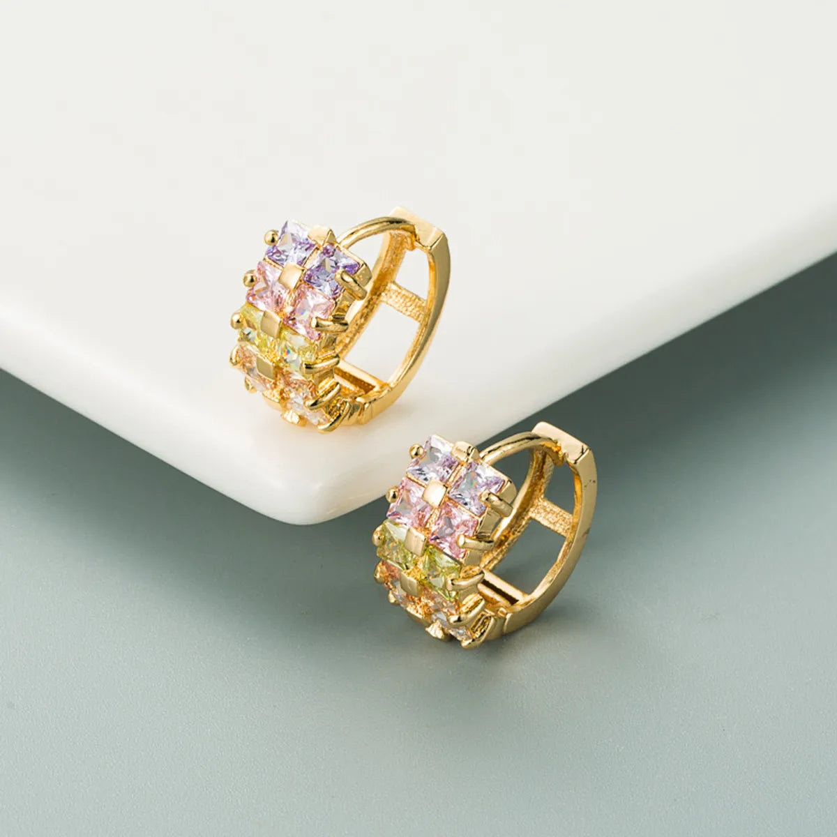 European And American Fashion Trend Copper-plated Micro-inlaid Zircon Double-layer Geometric Rainbow Earrings