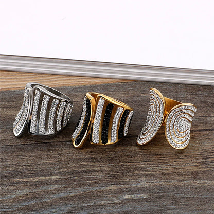 European And American Fashion Full Diamond Ring Stainless Steel Electroplated 18k Real Gold Exaggerated Large Mesh Woven Female Raw Ring Jewelry