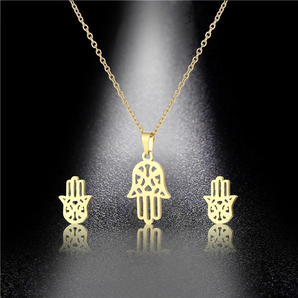 European And American  Couple Necklace Stainless Steel Simple Hollow Palm Necklace Earring Set