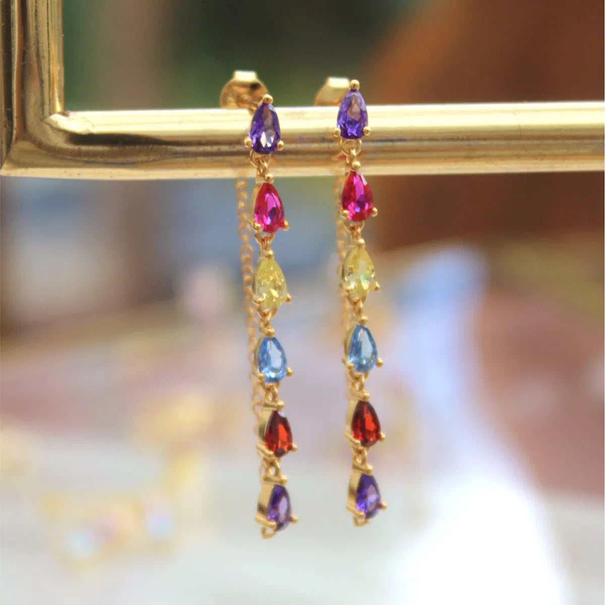 European And American Long Tassel Color Zircon Earrings