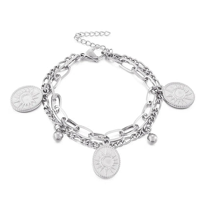 European And American Moon Sun Oval Pendant Double Chain Stainless Steel Women's Bracelet