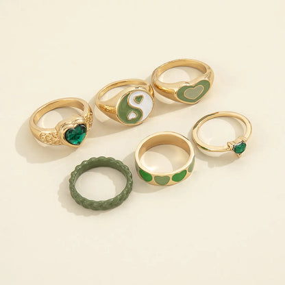 European And American New Fashion Retro Tai Chi Gossip Drop Oil Love Green Diamond Joint Ring Six-piece Set