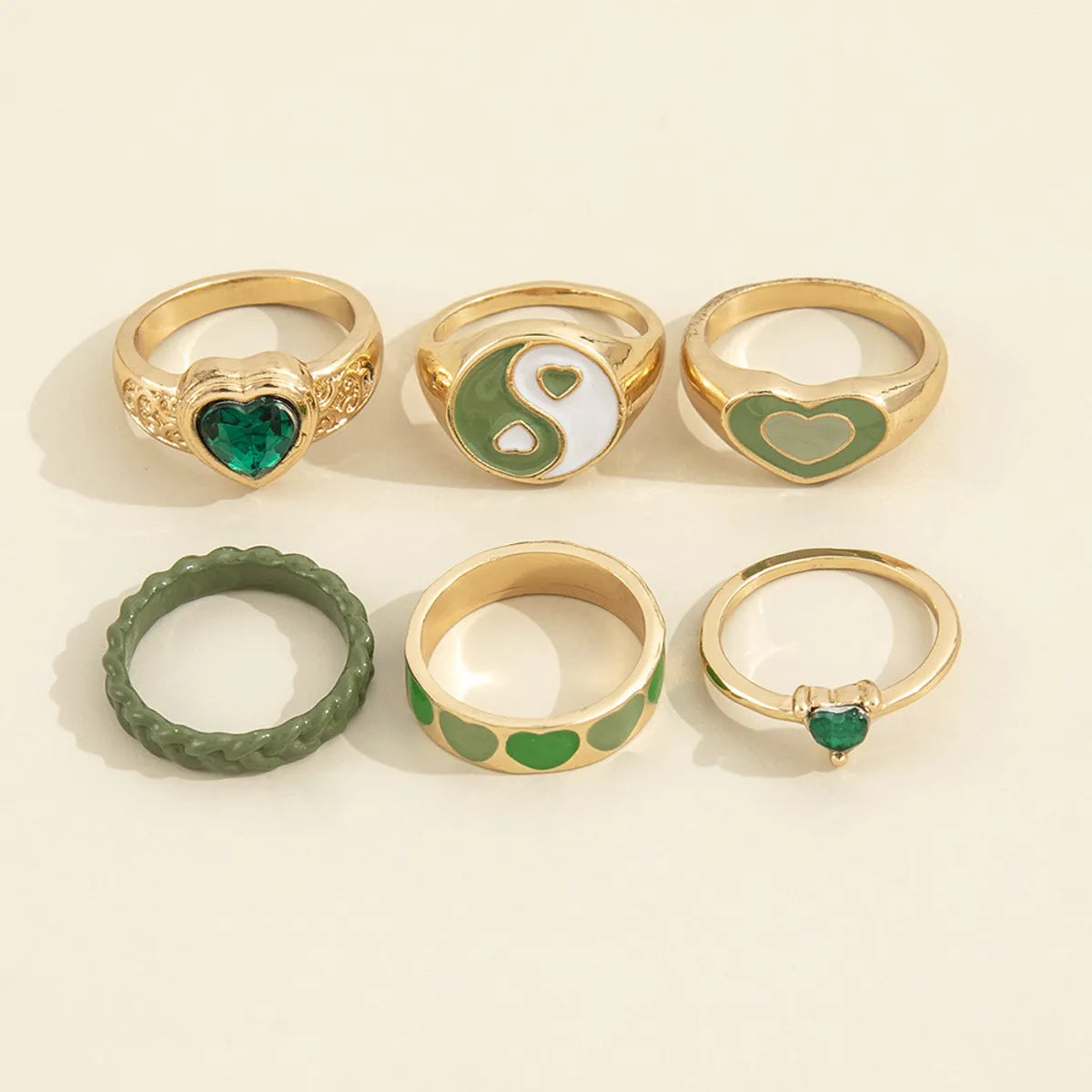 European And American New Fashion Retro Tai Chi Gossip Drop Oil Love Green Diamond Joint Ring Six-piece Set