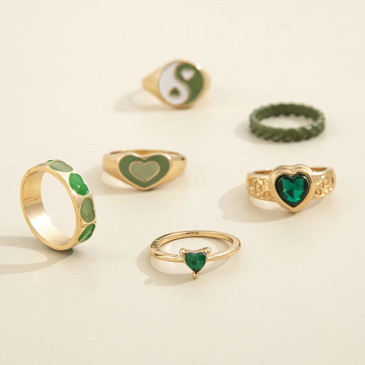 European And American New Fashion Retro Tai Chi Gossip Drop Oil Love Green Diamond Joint Ring Six-piece Set