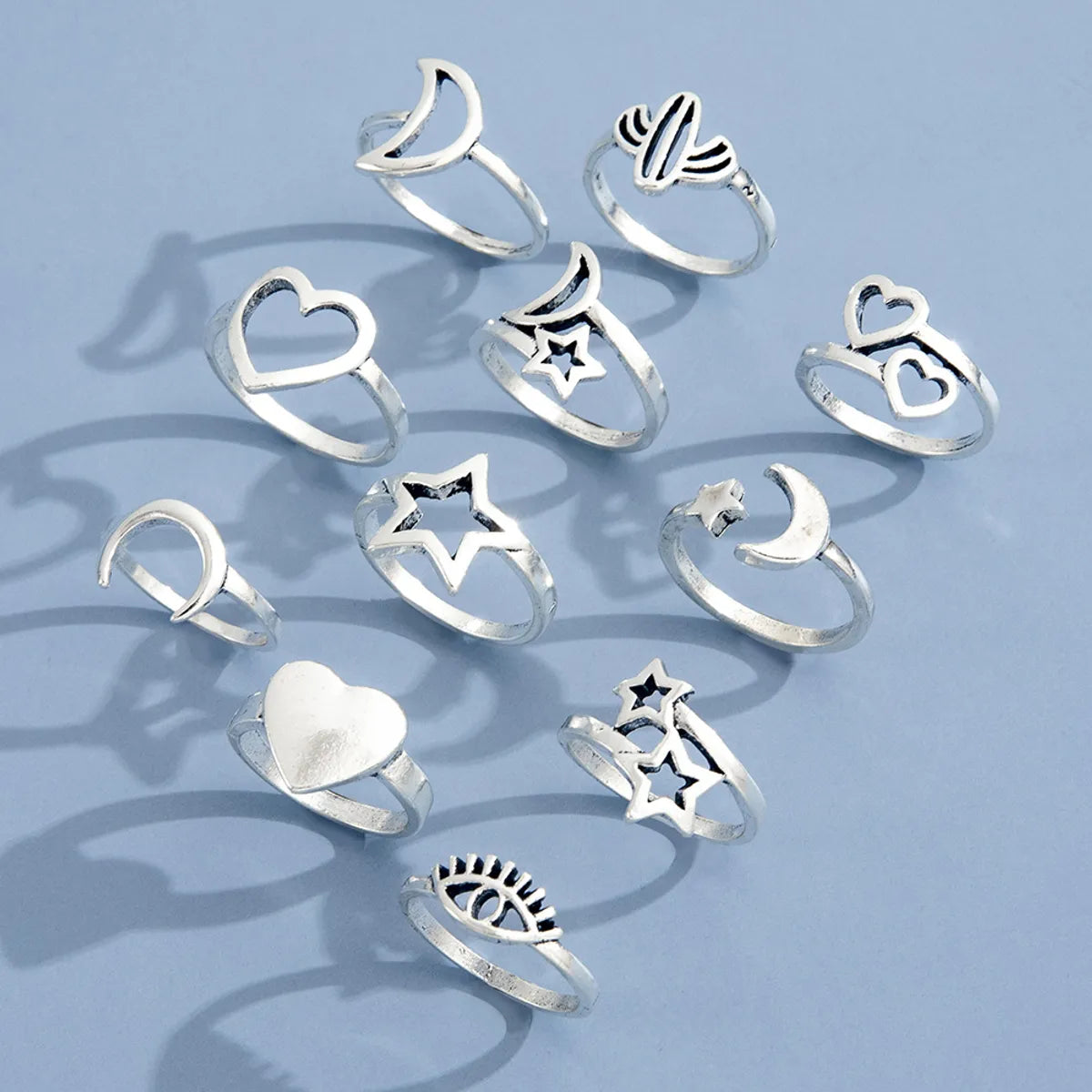 European And American New Product Retro Hollow Love Star Moon Cactus Eye Ring Eleven Set