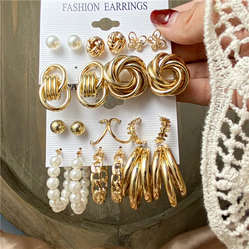 European And American Pearl Earrings Fashion Geometric Earrings Set