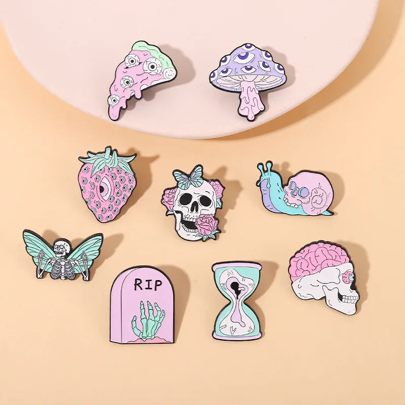 Punk Pink Skull Alloy Brooch Strawberry Mushroom Snail Tombstone Clothes Jewelry Badge