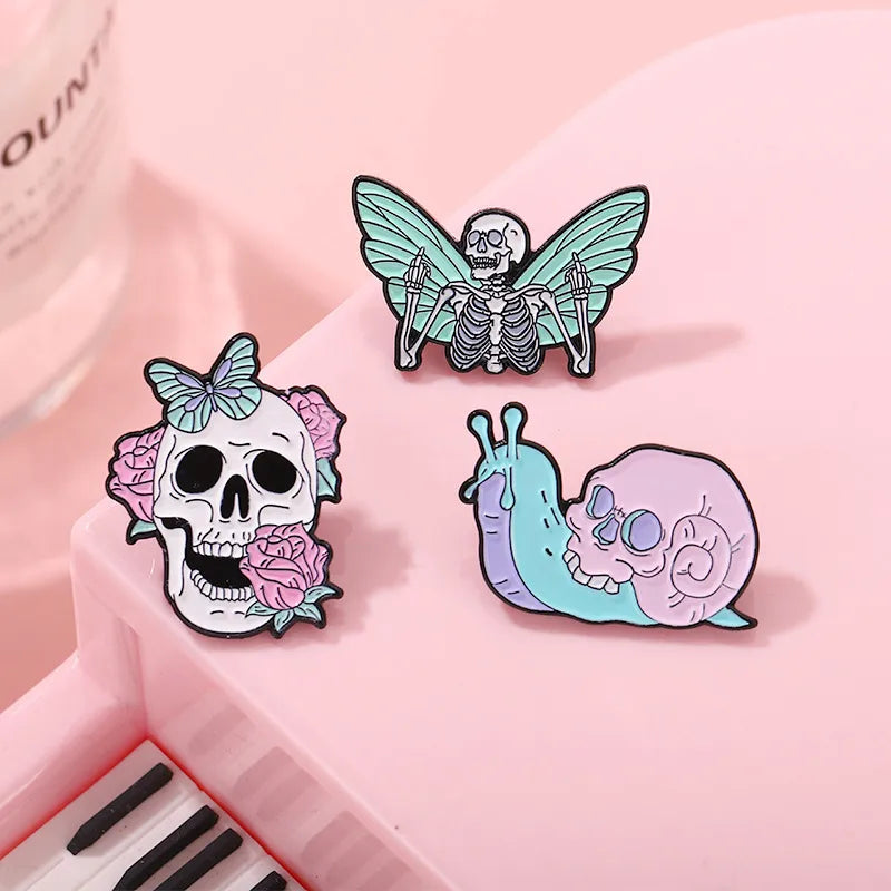 Punk Pink Skull Alloy Brooch Strawberry Mushroom Snail Tombstone Clothes Jewelry Badge