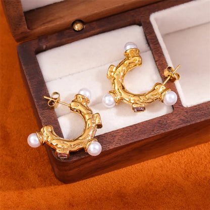 1 Pair Elegant Retro C Shape Plating Inlay Stainless Steel Artificial Pearls 18k Gold Plated Ear Studs