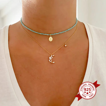 European And American S925 Silver Inlaid Zircon C-shaped Moon Clavicle Chain