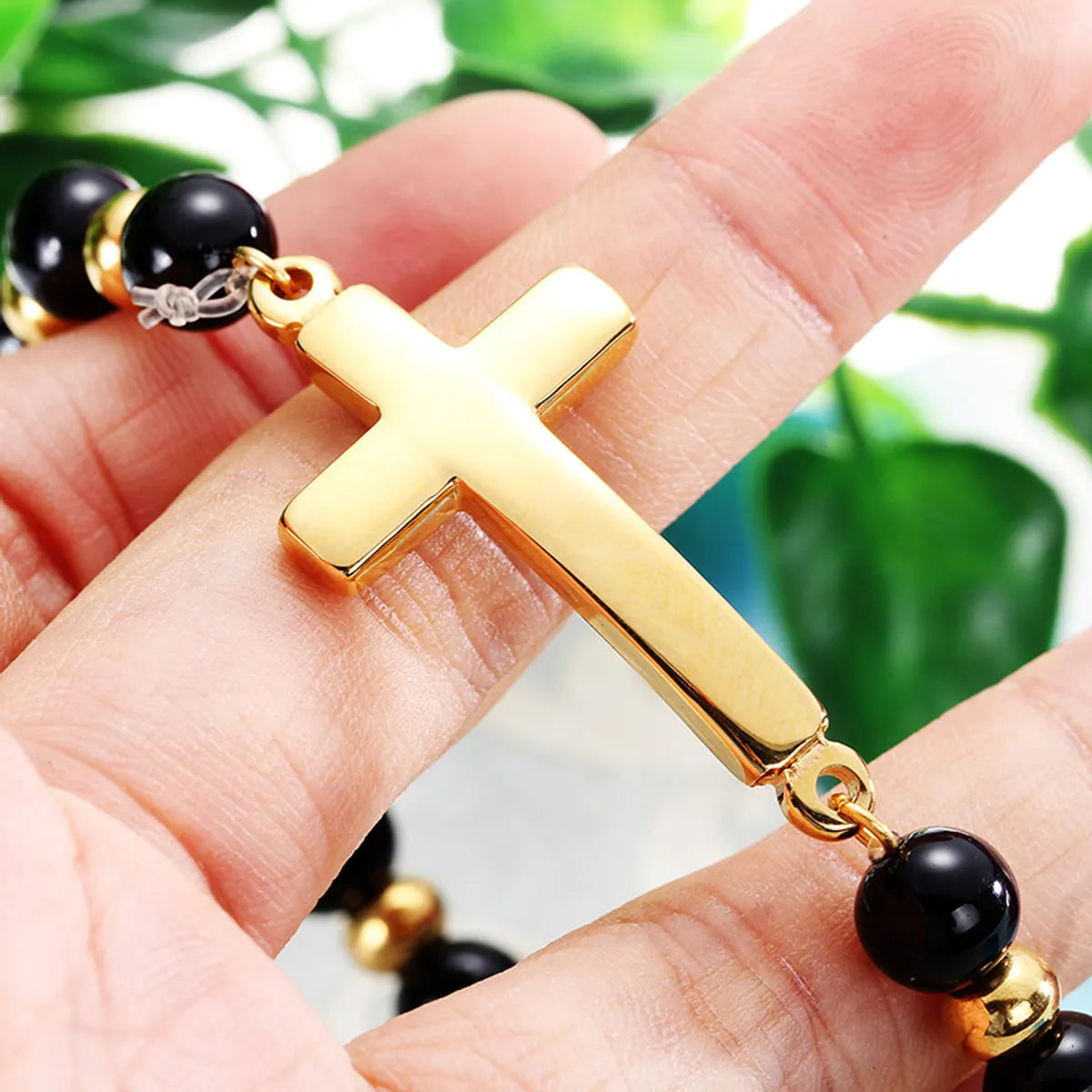 European And American Stainless Steel Gold Black Bead Cross Bracelet