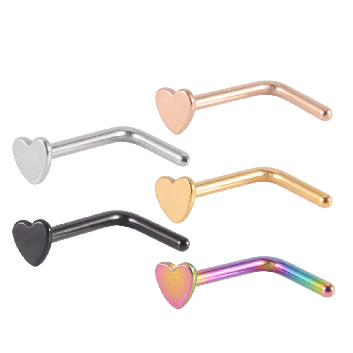 European And American Stainless Steel Heart-shaped Nose Stud Plated Curved Rod S-shaped Electric Color Nose Ring Cross-border Love Piercing L-shaped Mini Nose Studs