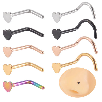 European And American Stainless Steel Heart-shaped Nose Stud Plated Curved Rod S-shaped Electric Color Nose Ring Cross-border Love Piercing L-shaped Mini Nose Studs