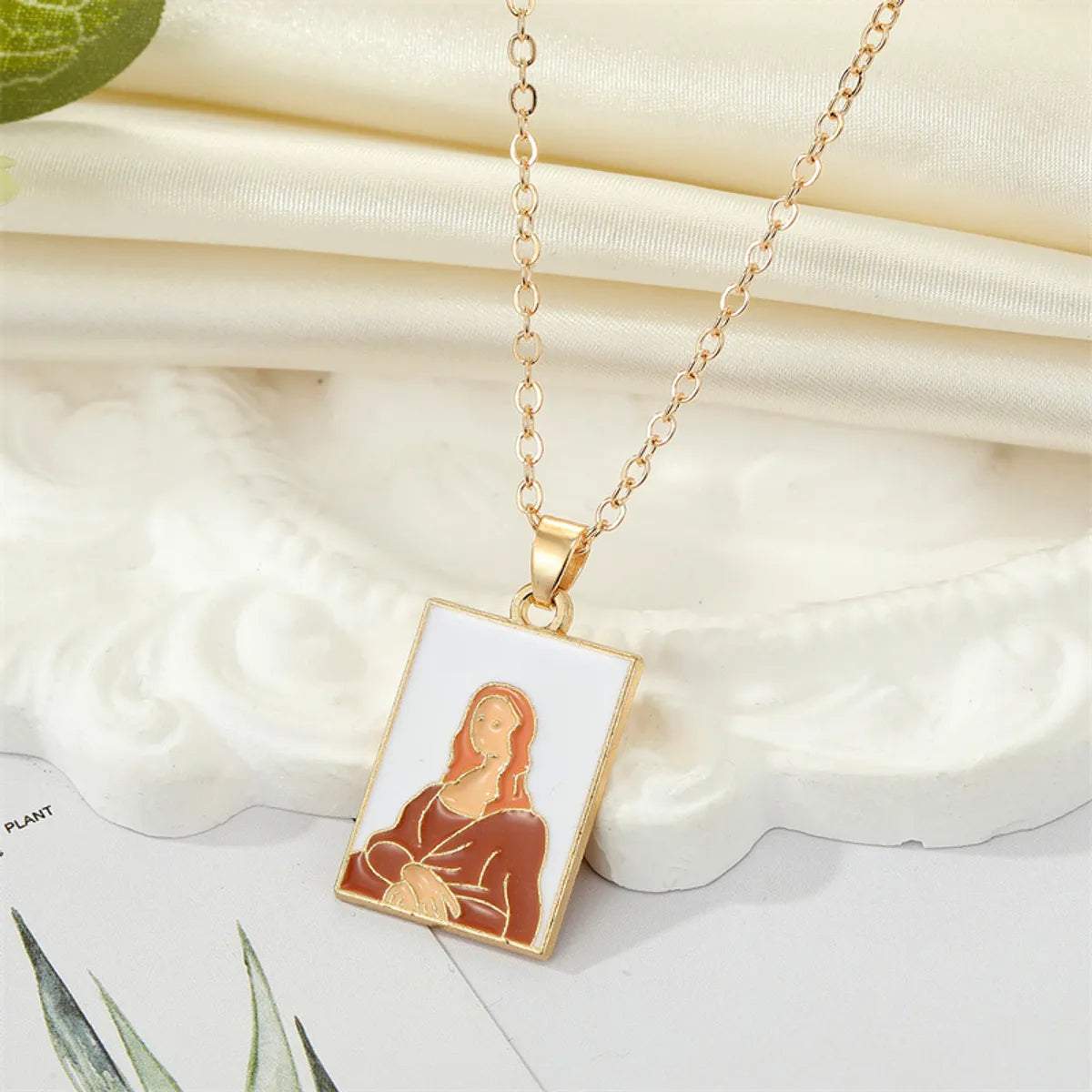 European Retro Alloy Drop Oil Van Gogh Oil Painting Square Pendant Collarbone Chain Female