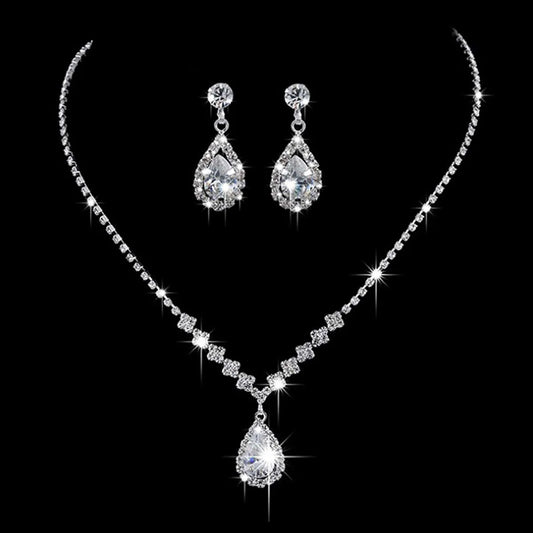 Evening Party Dress Accessories Bridal Jewelry Crystal Water Drop Zircon Necklace And Earring Suit