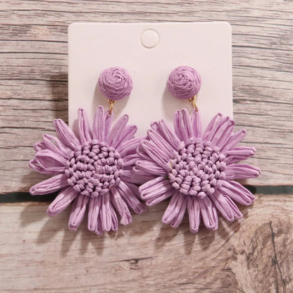 1 Pair Exaggerated Bohemian Chrysanthemum Braid Raffia Drop Earrings