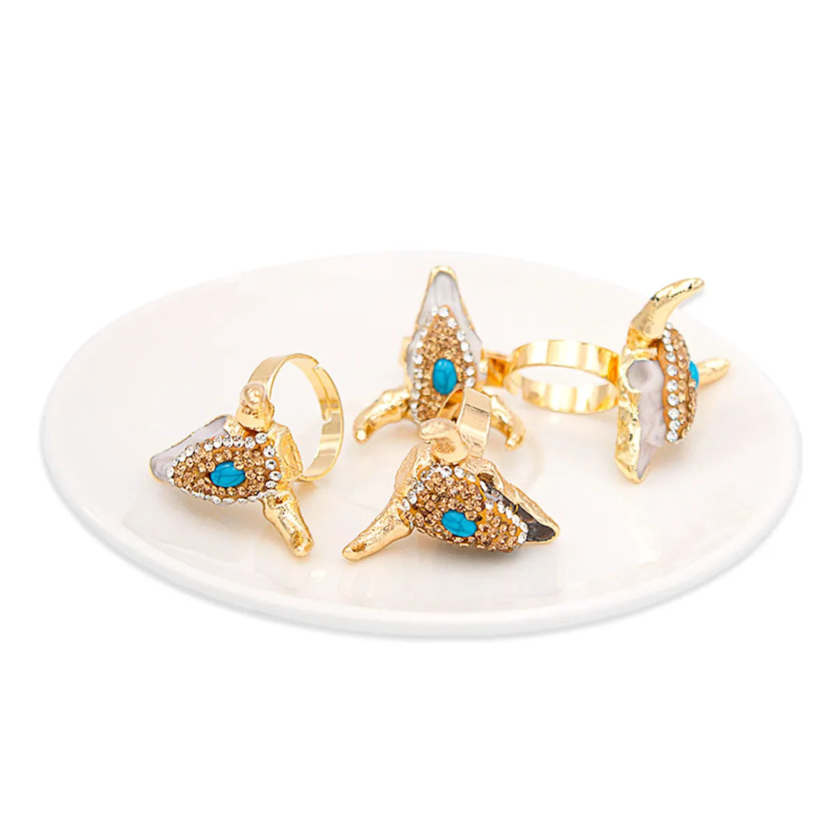 Exaggerated Bull Head Alloy Inlay Turquoise Rhinestones Unisex Open Ring