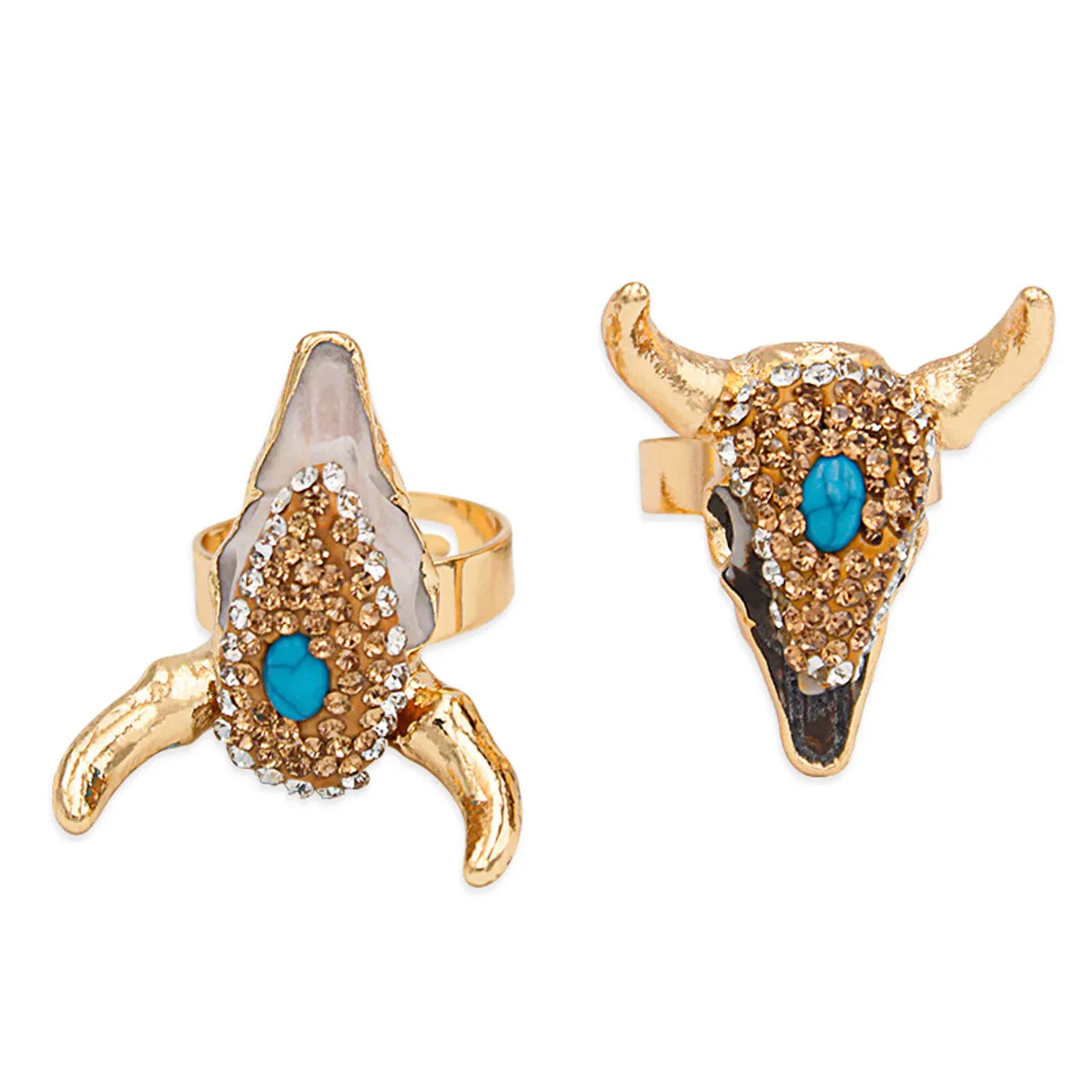 Exaggerated Bull Head Alloy Inlay Turquoise Rhinestones Unisex Open Ring