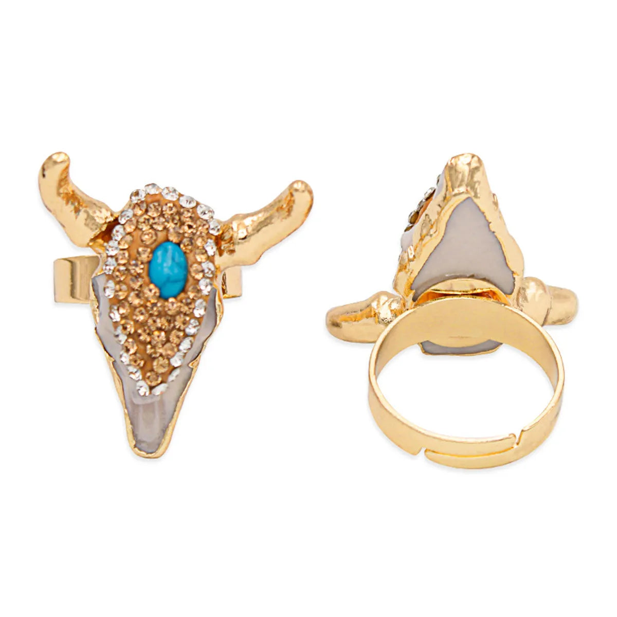 Exaggerated Bull Head Alloy Inlay Turquoise Rhinestones Unisex Open Ring