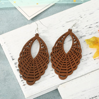 Exaggerated Carved Hollow Wood Geometric Big Earrings Earrings Retro Ear Hooks