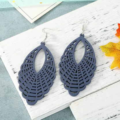 Exaggerated Carved Hollow Wood Geometric Big Earrings Earrings Retro Ear Hooks