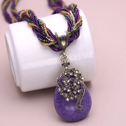 Exaggerated Ethnic Style Bohemian Water Droplets Flower Alloy Resin Rope Wholesale Pendant Necklace