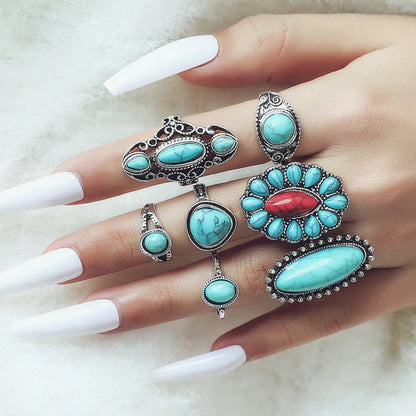 Exaggerated Ethnic Style Cool Style Leaf Round Snake Alloy Plating Inlay Turquoise Women's Rings