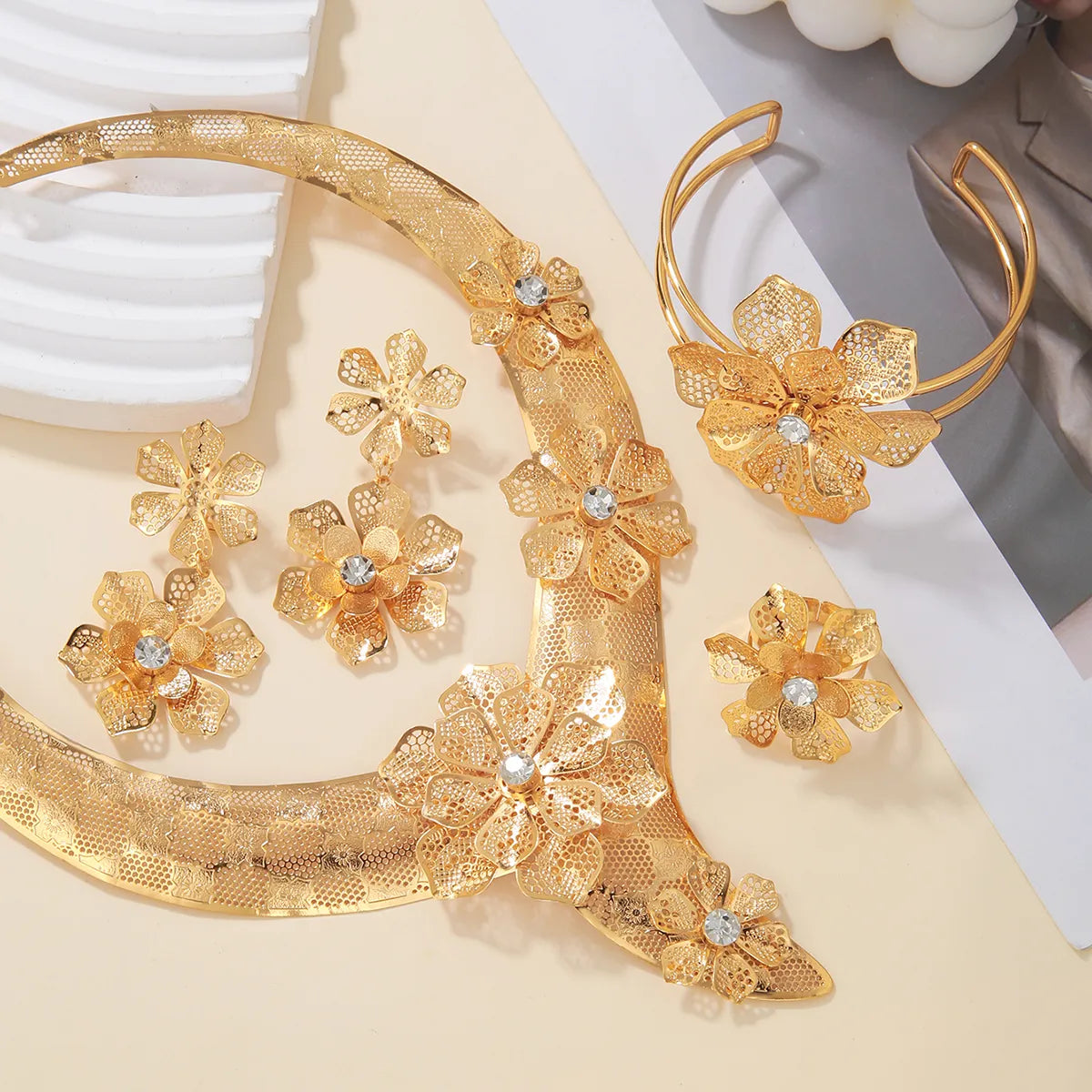 Exaggerated Flower Copper Plating Inlay Zircon 18k Gold Plated Jewelry Set