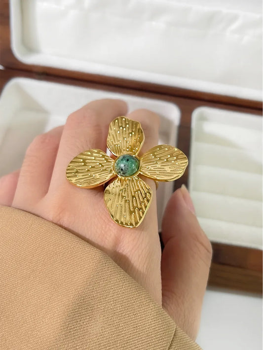 Exaggerated Flower Stainless Steel Plating Inlay Natural Stone 18k Gold Plated Open Rings