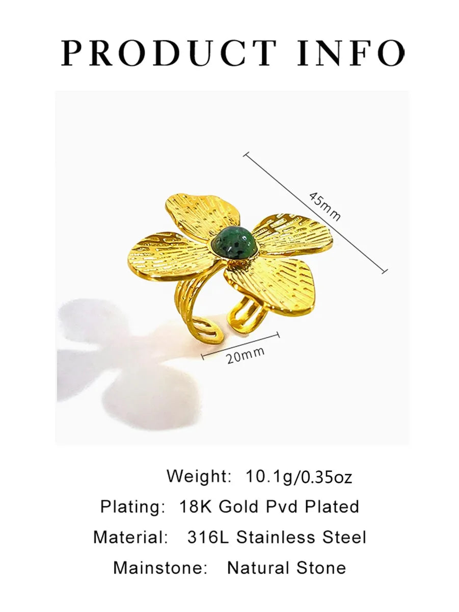 Exaggerated Flower Stainless Steel Plating Inlay Natural Stone 18k Gold Plated Open Rings