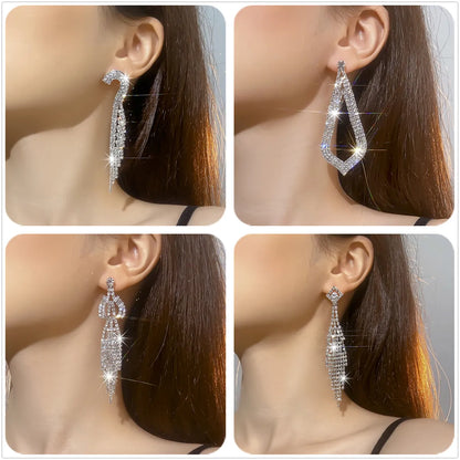 1 Pair Exaggerated Geometric Tassel Rhinestone Drop Earrings