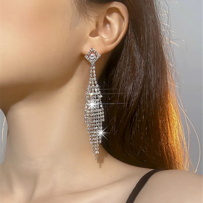 1 Pair Exaggerated Geometric Tassel Rhinestone Drop Earrings