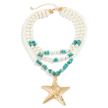 Exaggerated Marine Style Star Imitation Pearl Alloy Beaded Women'S Three Layer Necklace