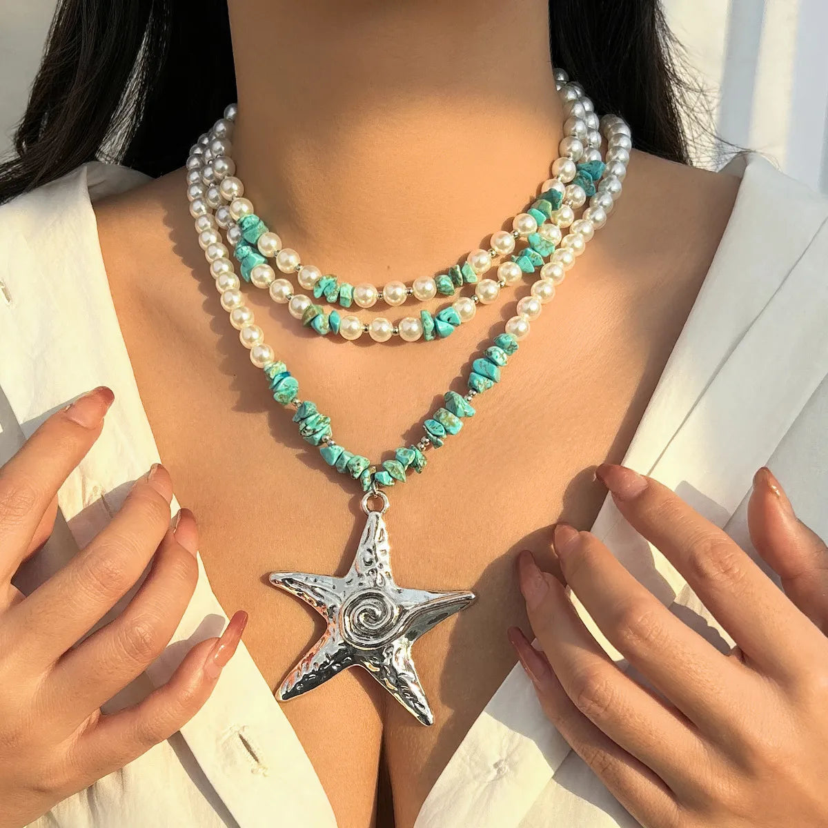 Exaggerated Marine Style Star Imitation Pearl Alloy Beaded Women'S Three Layer Necklace