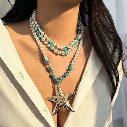 Exaggerated Marine Style Star Imitation Pearl Alloy Beaded Women'S Three Layer Necklace