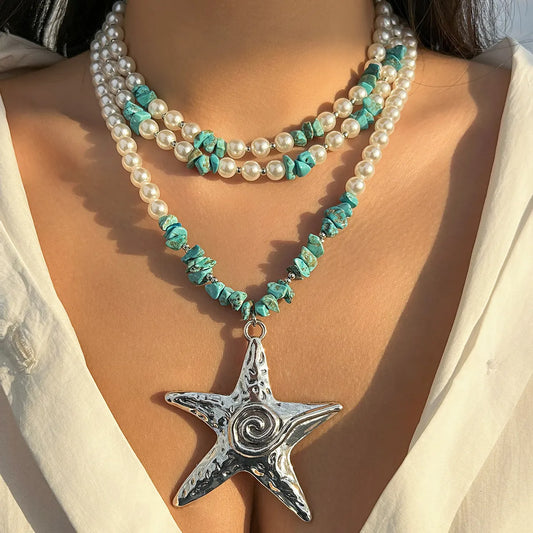 Exaggerated Marine Style Star Imitation Pearl Alloy Beaded Women'S Three Layer Necklace