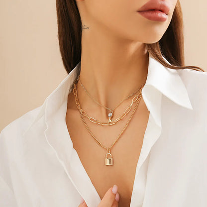 Exaggerated Simple Style Key Lock Alloy Iron Women's Three Layer Necklace