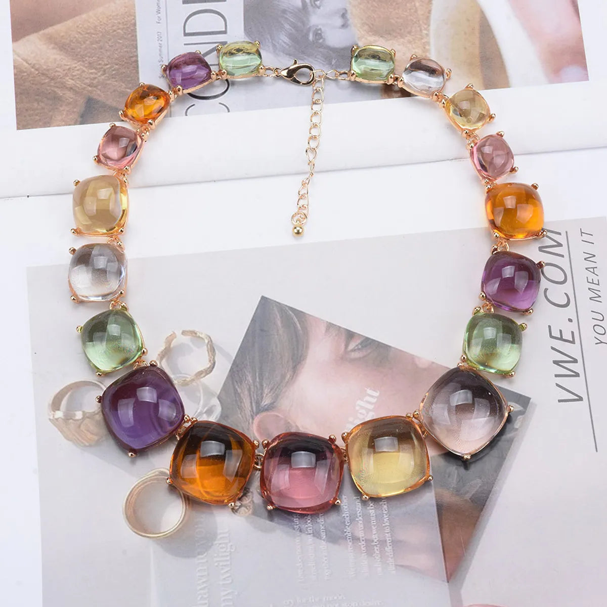 Exaggerated Square Alloy Inlay Resin Women's Necklace