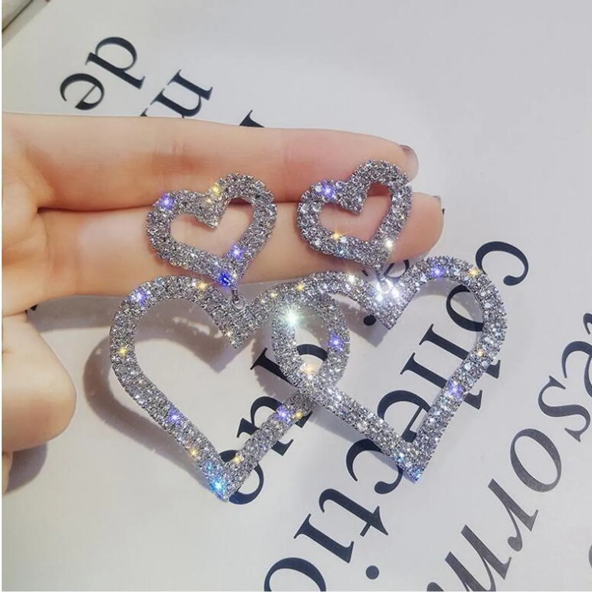 Exaggerated Super Flash Double Love Flash Diamond Personality Earrings Earrings